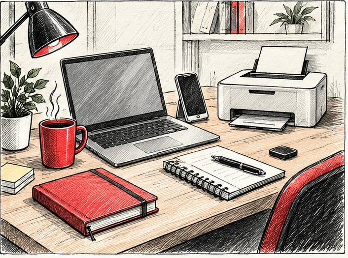 Odręczna ilustracja stanowiska pracy: laptop, notes, dokumenty i czerwone akcenty